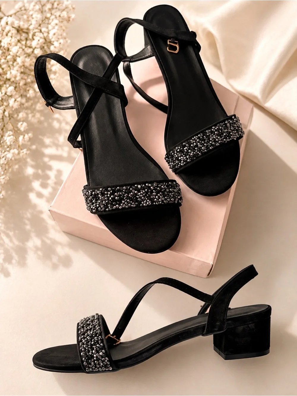 Women's Black Beaded Strap Sandals with Low Heel